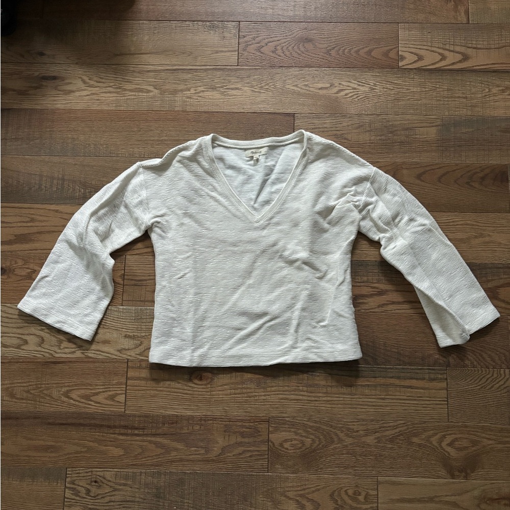 Madewell Cream V-Neck Textured 3/4 Sleeve Top